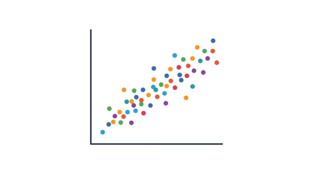 Flat design vector illustration of a colorful scatter plot showing positive correlation on a white background