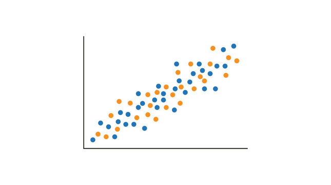 Flat design vector illustration of a scatter plot with blue and orange dots showing correlation on a white background