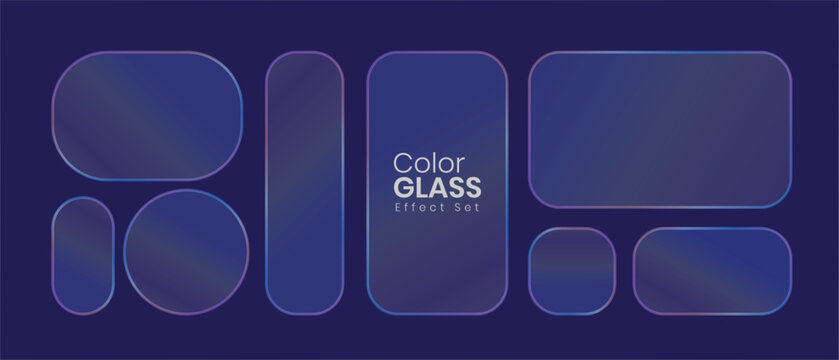Colour glass morphism effect set with frosted acrylic panels and dark blue gradient background, perfect for app design, modern web elements, and digital dashboards.