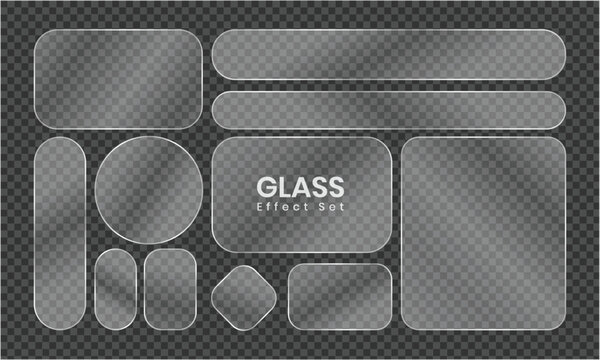 Glass effect UI Element Set with Transparent Frosted Glass Panels and Shapes on a dark grid background, Ideal for web designers, mobile apps, and modern user interfaces.