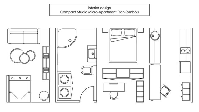Interior design compact studio micro-apartment plan symbols. Top view murphy bed, kitchenette, bathroom. CAD symbol. Vector studio collection. Tiny project. Architectural technical drawing.