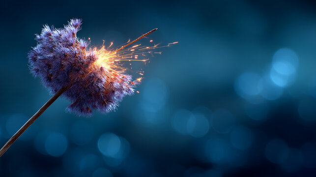 Sparkling firework burst emerging from a delicate purple flower head at night