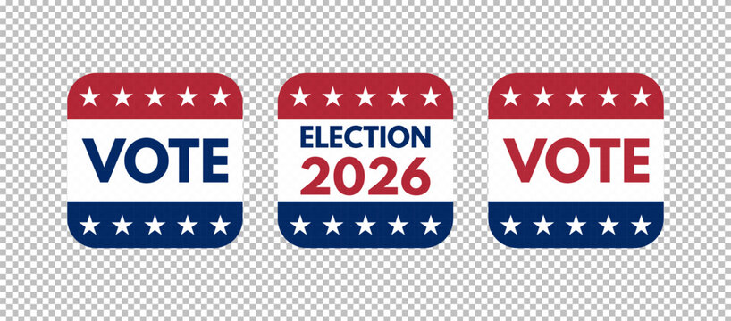 vote 2026 blue red banner, midterm election day poster template, political campaign sticker badge