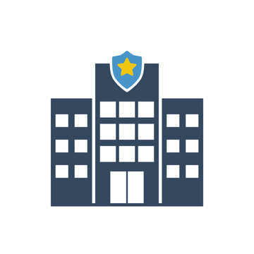 city police department building with shield and star shape, front side vector icon