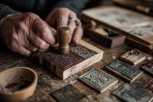 Hands press a custom bookplate into an old volume, adding a personal touch to a vintage reading collection