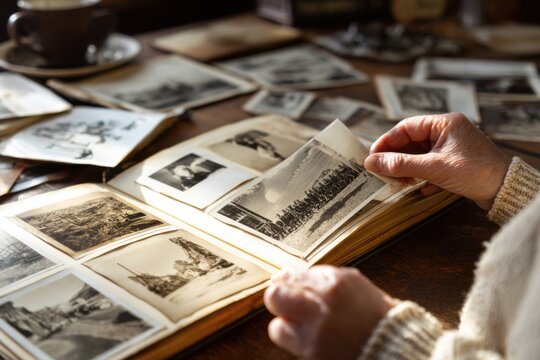Hands turn the pages of a treasured photo album, revisiting memories in a quiet nostalgic moment