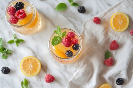 Berry-filled jar cocktails with citrus slices arranged overhead on soft linen for a vibrant summer gathering