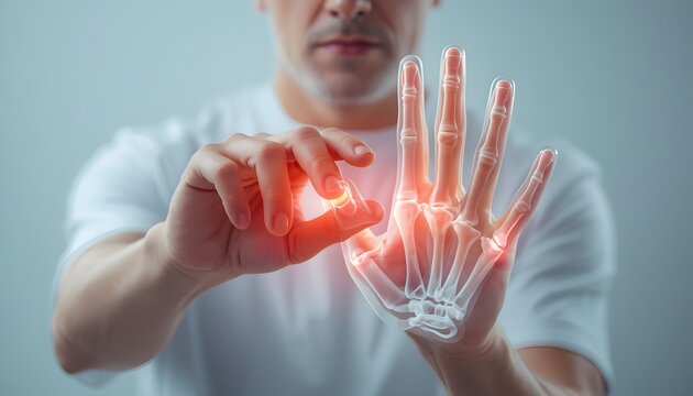 Adult Hands Showing Finger Joint Pain with Transparent Phalange Anatomy and Red Glow, Orthopedic Healthcare Concept