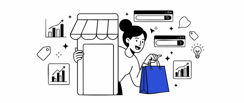 Ecommerce online store vector illustration with woman holding shopping bag, giant smartphone storefront, sales growth charts, search browser windows, retail price tags and marketing icon elements