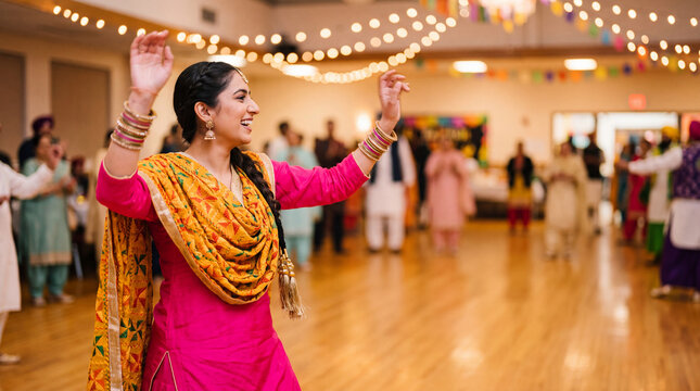 Young Indian Punjabi woman in pink salwar and phulkari dupatta dancing Giddha at celebration party