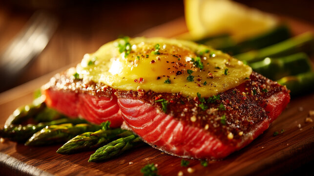 Grilled salmon fillet topped with a runny fried egg and roasted asparagus spears
