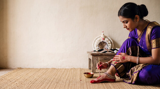 Young Indian woman classical dancer applying red alta dye to feet before performance with copy space on left