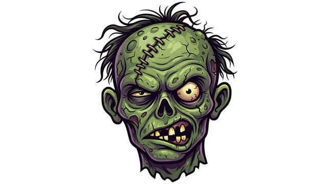 Zombie head illustration features green decaying skin and surgical stitches across the forehead.