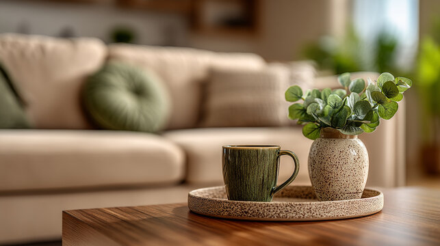 Green ceramic mug and a vase of eucalyptus leaves on a wooden table in living room