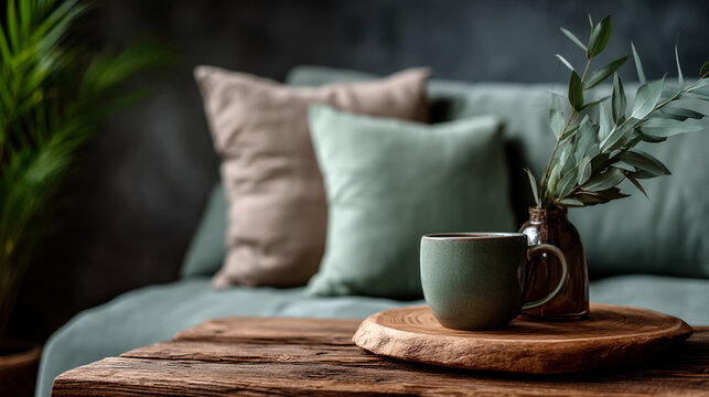 Ceramic coffee mug placed on a rustic wooden tray with a green foliage arrangement