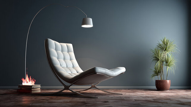 Modern white lounge chair next to tall floor lamp in dim living space with room
