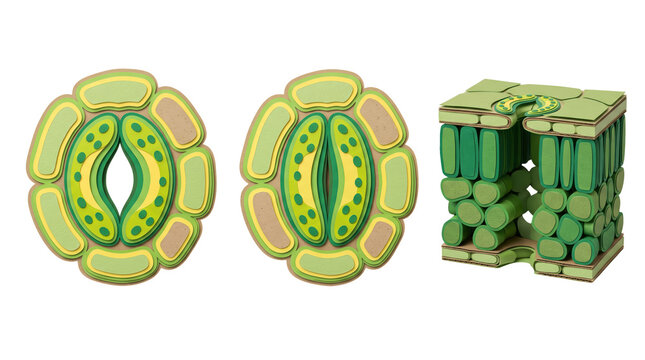 Scientific showing open and closed plant stomata, and a cross-section view of leaf tissue structure with guard cells and pores
