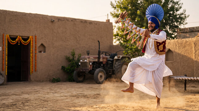 Adult Indian Sikh man in turban dancing Bhangra with wooden saap in village courtyard