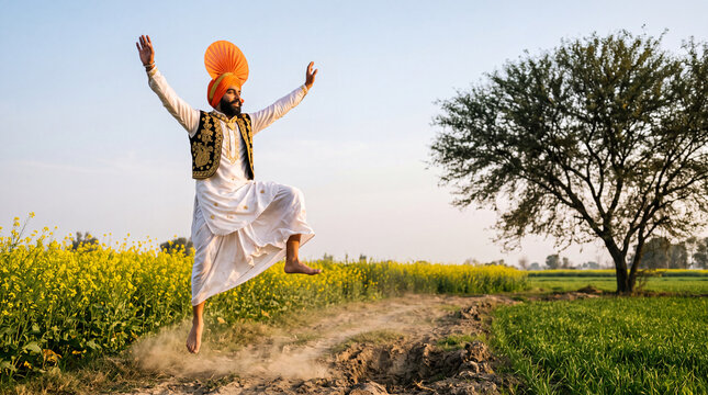 Adult Indian Sikh man in orange turban jumping while dancing Bhangra in mustard field with copy space
