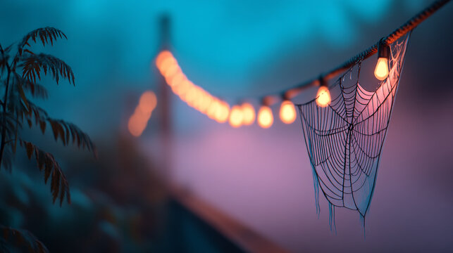 String of glowing outdoor cafe lights hanging over a delicate spider web with outdoors
