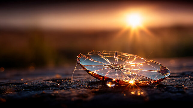 Single glass leaf resting on dark ground under the bright sunset sky with golden hour