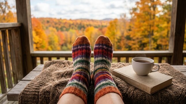 A vibrant fall view with cozy feet wearing colorful wool socks, a book, and tea