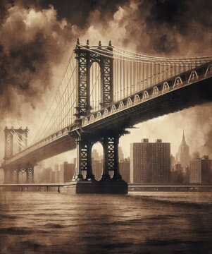 Sepia Tone Artistic View of Suspension Bridge Over River