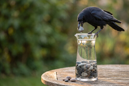 Clever thirsty crow dropping a pebble into a glass pitcher to raise the water level, Aesop's fable problem solving concept