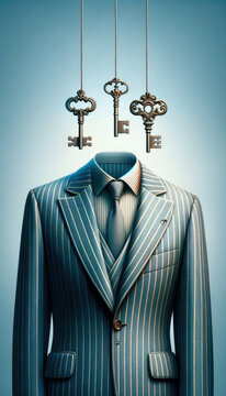 Pinstripe Suit Without Head with Hanging Vintage Keys Above