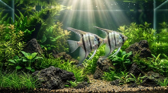 Sunlight filtering through clear water as two silver striped angelfish swim in a lush planted freshwater aquarium with gravel substrate and rocks.