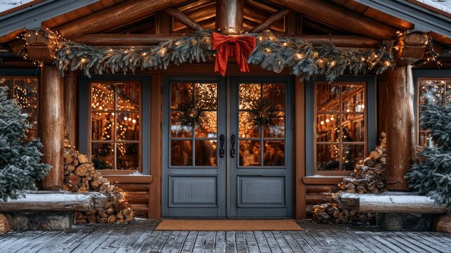 Rustic cabin entrance decorated with festive garland and warm lights