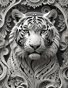 Intricate Paper Art Tiger Face with Flourish Patterns