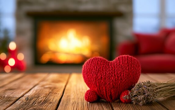 Cozy knitted red heart with dried lavender on wooden table by fire glow