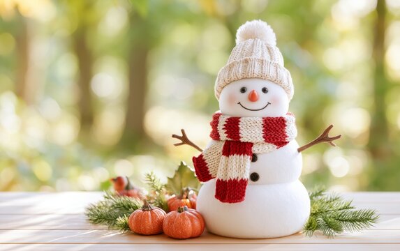 Cute snowman figure with knitted hat and scarf sitting with pumpkins and greenery