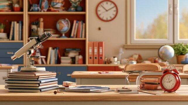 Close-up of scientific microscope on stacked books in bright classroom with clock