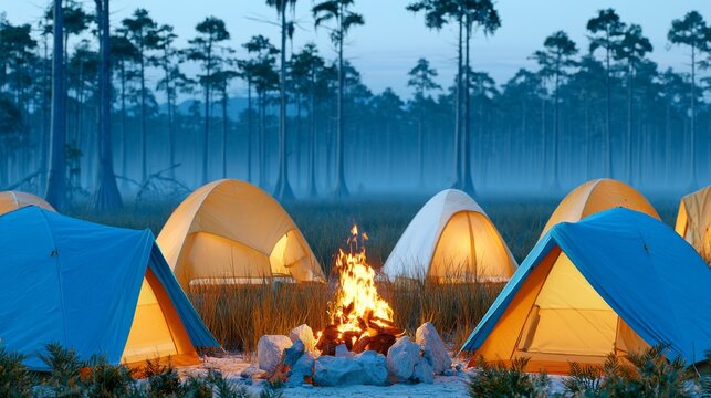 Evening camping scene with tents and campfire in misty forest clearing