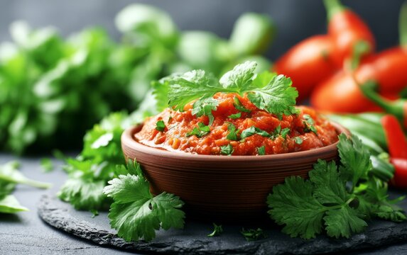 Traditional Spicy Tomato Salsa with Fresh Herbs in a Wooden Bowl on Slate Surface