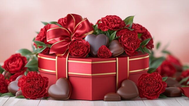 Elegant red gift box with satin bow, red carnation flowers, and chocolate hearts