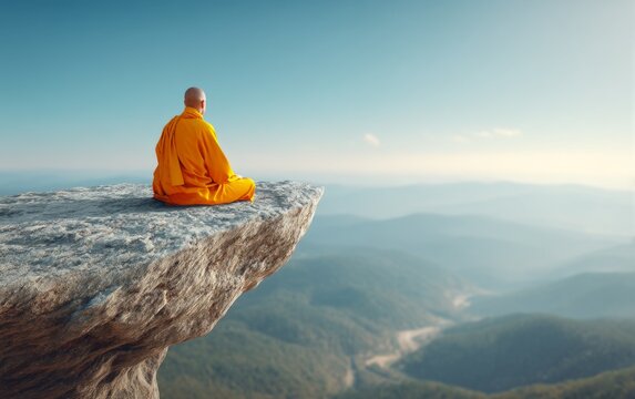 Buddhist man meditating on cliff edge overlooking vast misty mountain valley