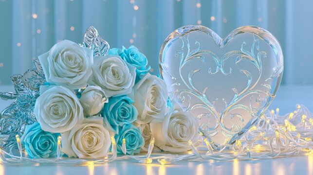 Elegant white and blue rose bouquet with heart-shaped glass decoration on table