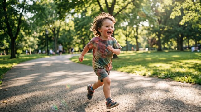 Candid Dynamic Shot of a Small Happy Child Running Through Park Pathway