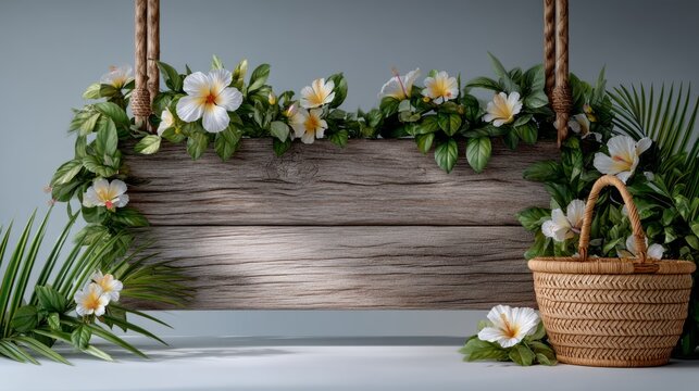 Rustic wooden signboard hanging with decorative tropical flower and leaf border