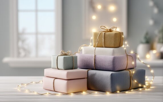 Stack of elegantly wrapped gift boxes with string lights on white wooden surface