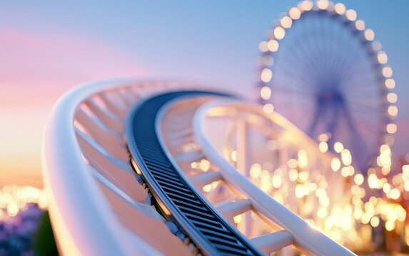 Close-up of white roller coaster track with blurred ferris wheel sunset sky