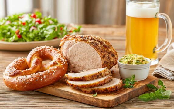Traditional roasted pork with pretzel, creamy mustard, fresh salad, and cold beer on wooden board