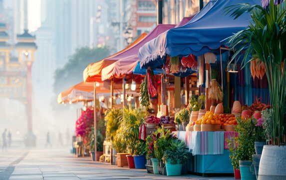 Colorful street market with fresh fruit and plant stalls under vibrant canopies