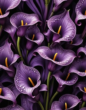 Close-up of Purple Calla Lilies with Dew Drops