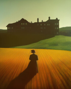 Silhouetted Woman in Field with Large Building in Background