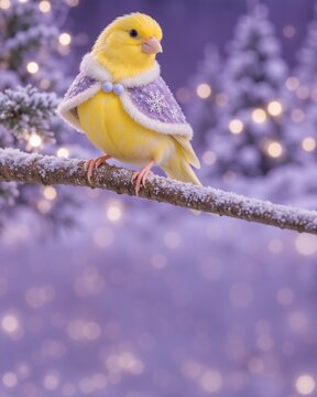 Yellow canary perched on snowy branch wearing winter cape. Vertical photo of bird in purple snowy forest with bokeh lights and copy space. For Christmas greeting card