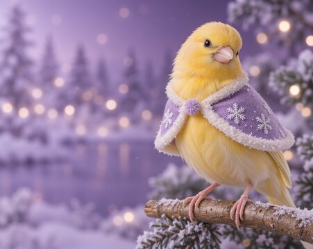 Cute yellow canary wearing a purple winter cape with snowflake patterns on snowy pine branch. Festive bird portrait with holiday bokeh lights. For Christmas greeting card and seasonal poster